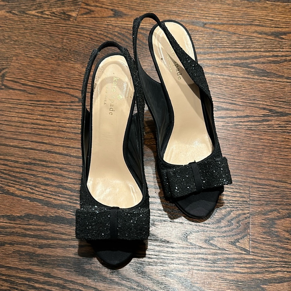 Kate Spade Black Glitter open toe sling backs